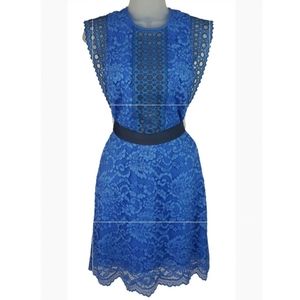 Sandro Blue Floral Lace Overlay Sleeveless Eyelet Belts Sheath Dress (36)